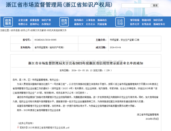 海角官网首页登录入口入选2023年度浙江省信用管理示范企业名单